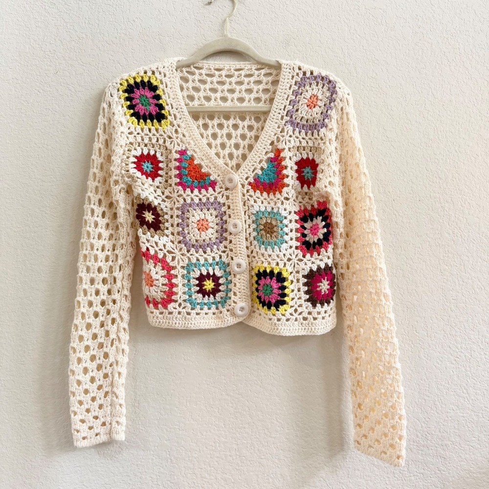 Vintage Style Granny Square Crochet Cardigan Cream Multi Boho Cropped Sweater S - Picture 1 of 9